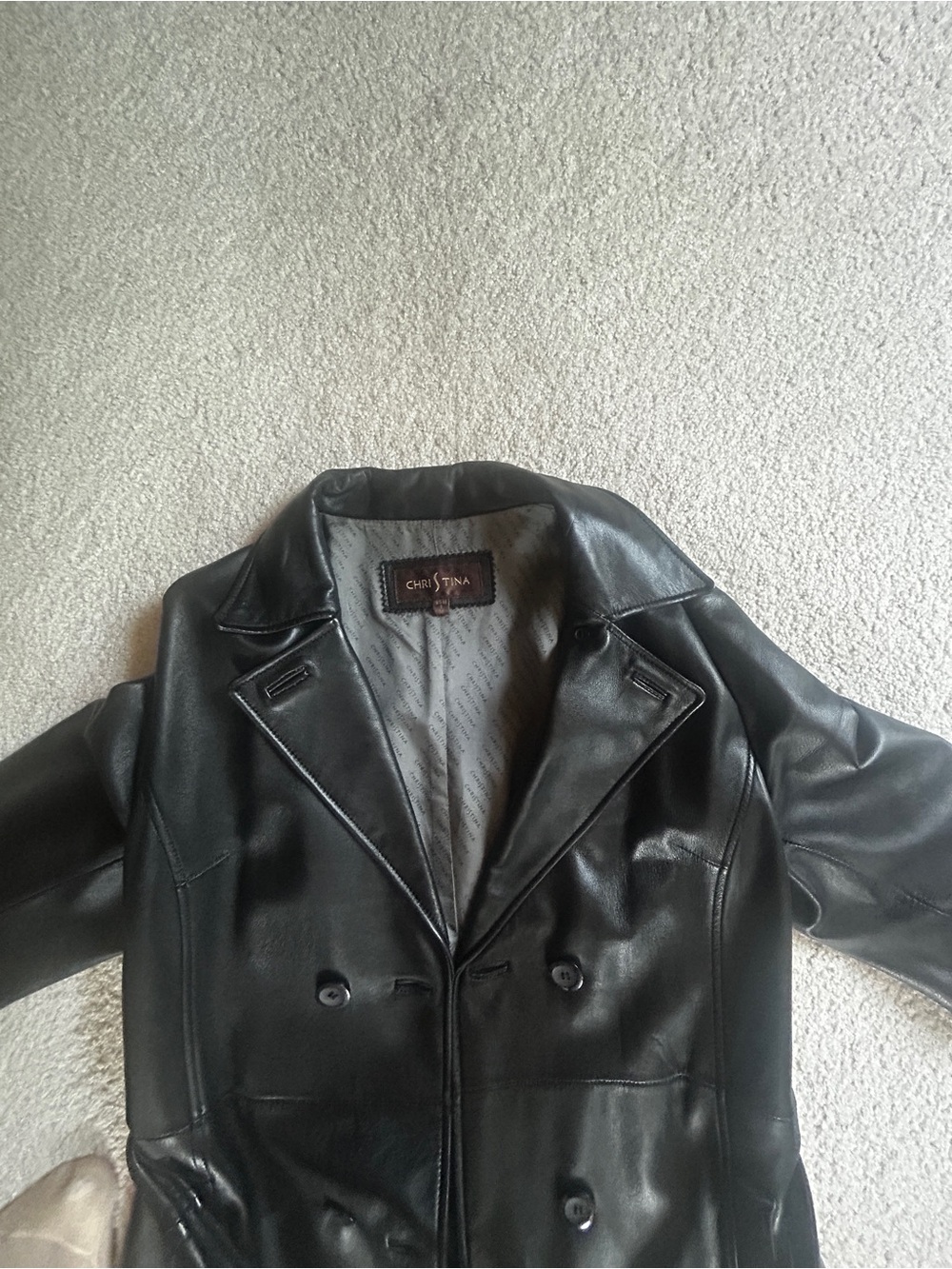 Christina Black Leather Double-Breasted Pea Coat